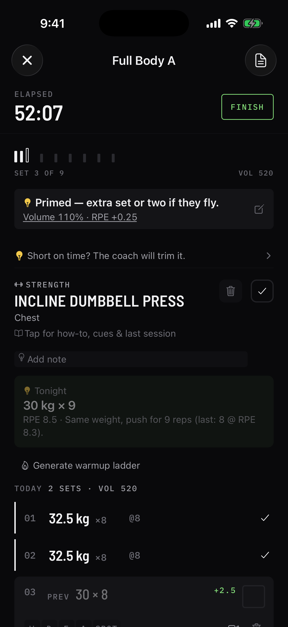 Active session logger with set rows and rest timer